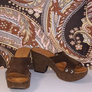 *Robert Clergerie Paris brown green suede platform clogs 8.5